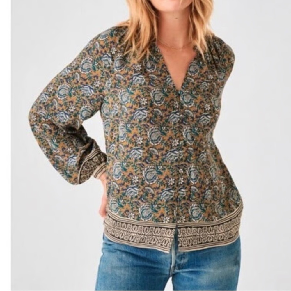 Faherty Olive Green Multi Paisley V-Neck Blouse